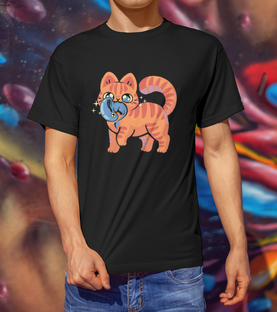 Orange Tabby Cat With Sparkles And Blue Alien Creature T-Shirt