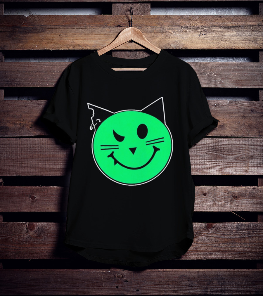 Taliesin Wearing MeowMeowz Smiling Cat Face With Green Circle Black Ears Whiskers T-Shirt