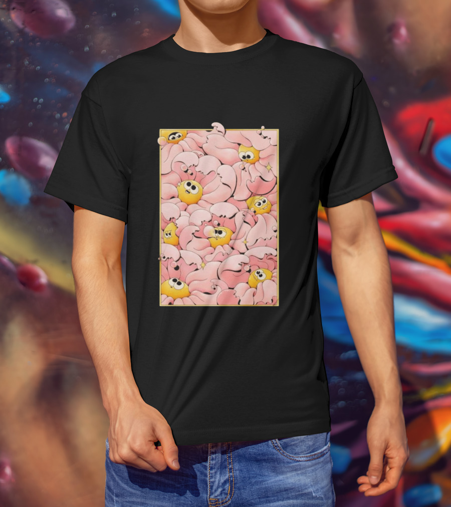 Many Yellow Round Characters With Large Eyes In Pink Flowing Cascades T-Shirt