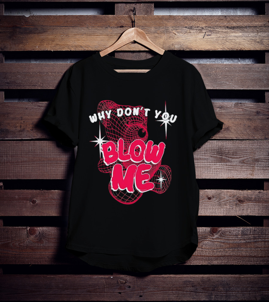 Why Don't You Blow Me Pink Wireframe Teddy Bear Bold Red Text Sparkling Star Accents T-Shirt
