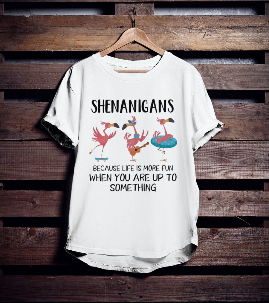 Shenanigans Flamingos Skateboarding Guitar Playing Pool Fun T-Shirt