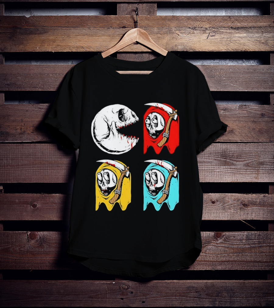 Pac Man Skeleton Skull Ghost Grim Reaper Red Yellow Blue T-Shirt