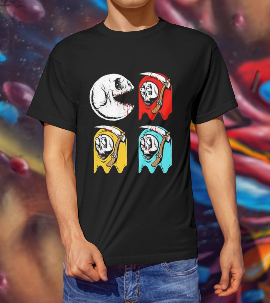 Pac Man Skeleton Skull Ghost Grim Reaper Red Yellow Blue T-Shirt