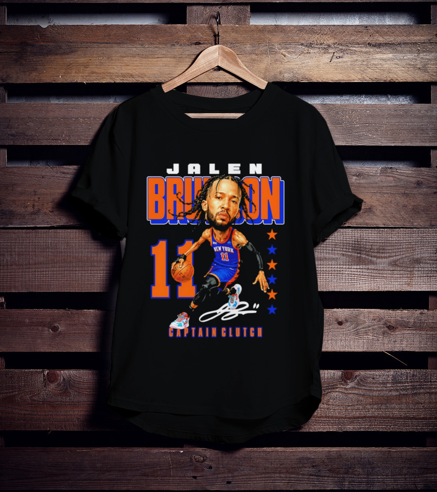 Jalen Brunson New York 11 Captain Clutch Caricature T-Shirt