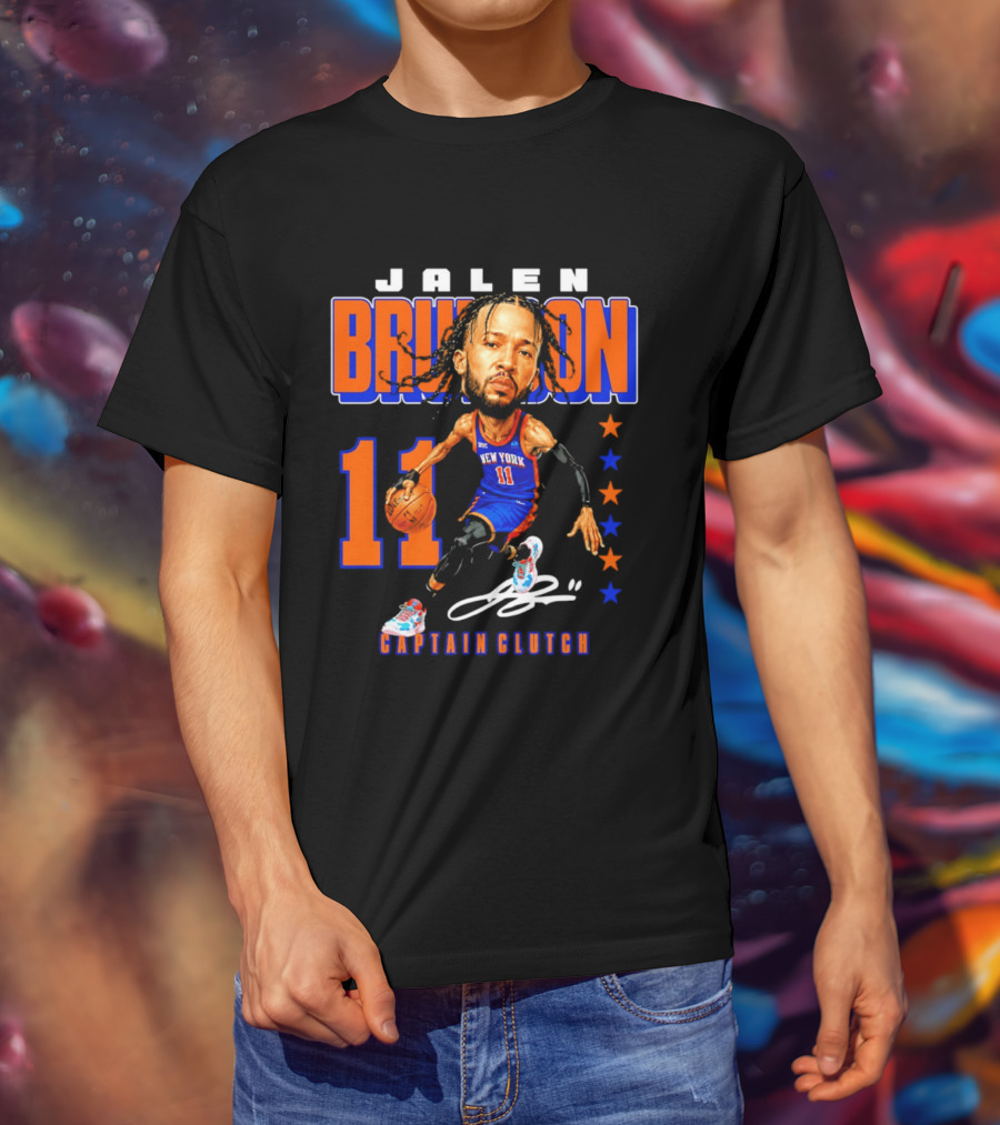 Jalen Brunson New York 11 Captain Clutch Caricature T-Shirt