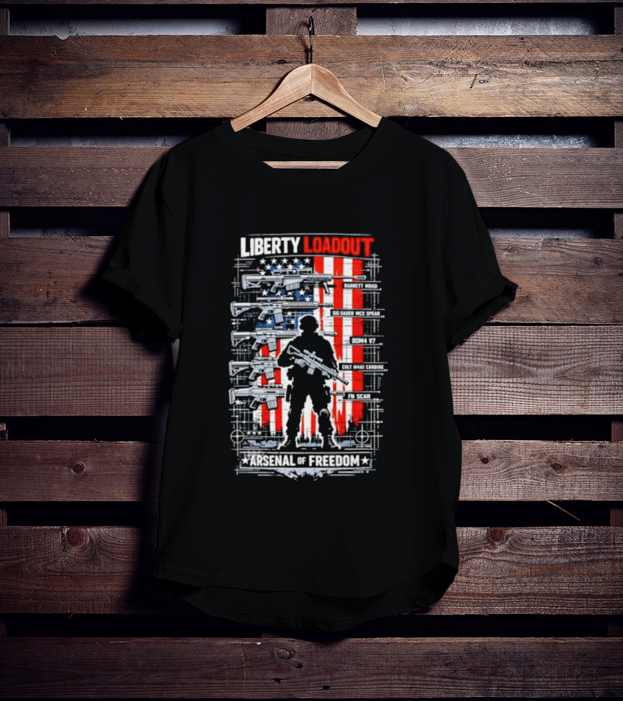 Liberty Loadout Arsenal Of Freedom USA Flag Soldier T-Shirt