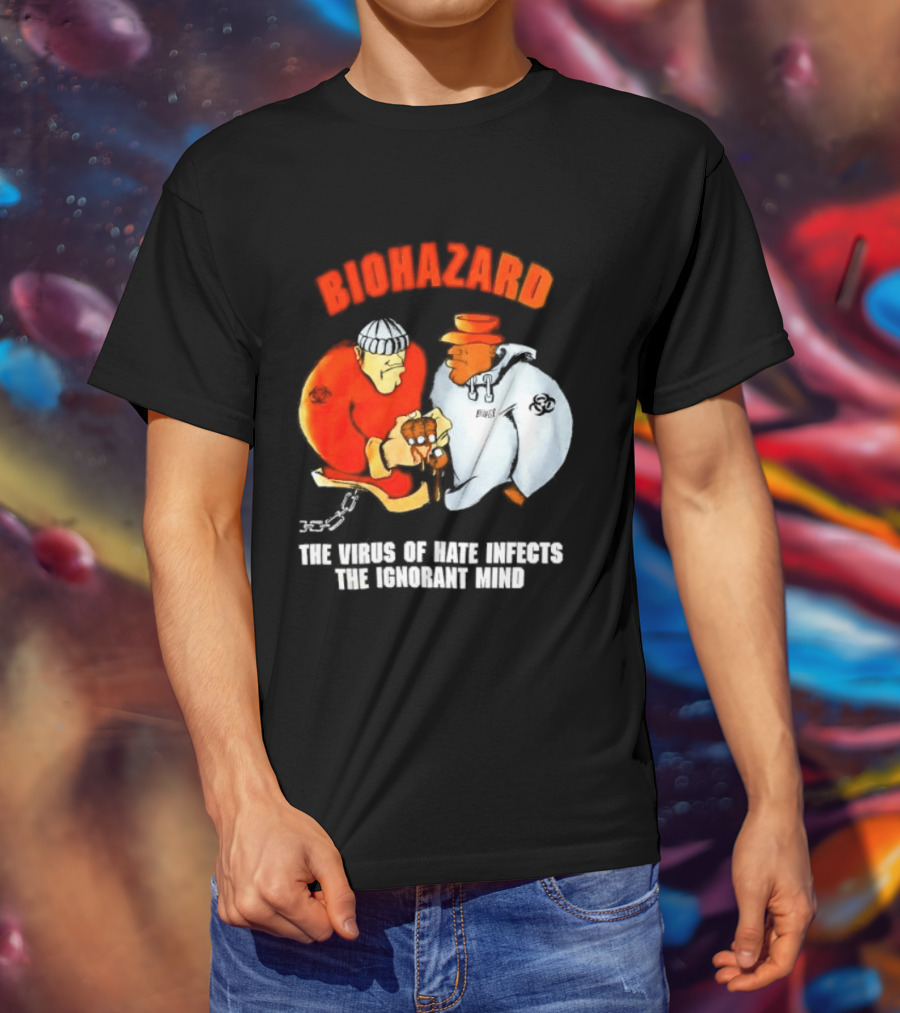 Biohazard The Virus Of Hate Infects The Ignorant Mind Orange And White Figures Confrontation T-Shirt