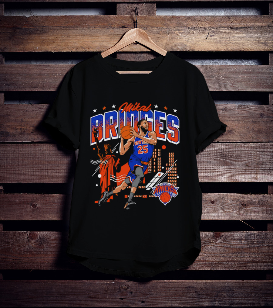 New York Knicks Mikal Bridges Basketball Player 25 Statue Of Liberty Skyline T-Shirt