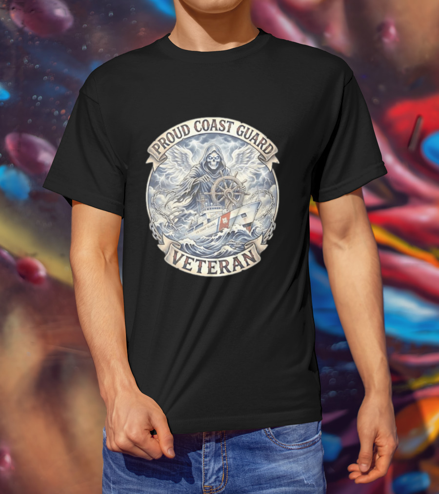 Proud Coast Guard Veteran Grim Reaper With Ship And Wheel T-Shirt