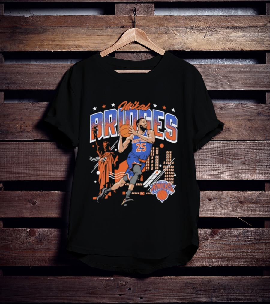 Mikal Bridges New York Knicks Basketball Skyline Statue Of Liberty T-Shirt