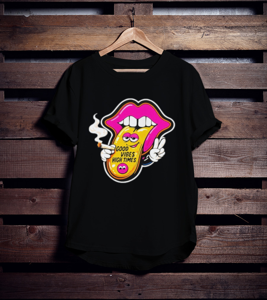 Good Vibes High Times Smoking Tongue And Peace Sign T-Shirt