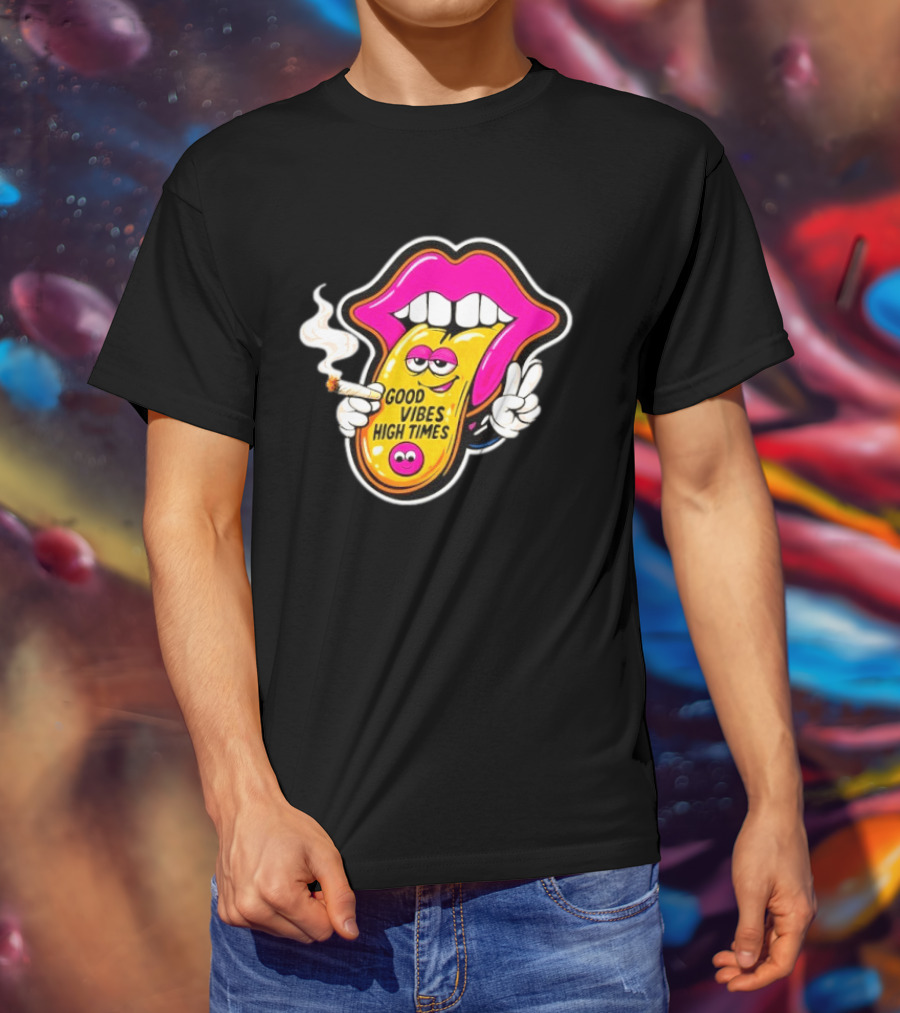 Good Vibes High Times Smoking Tongue And Peace Sign T-Shirt