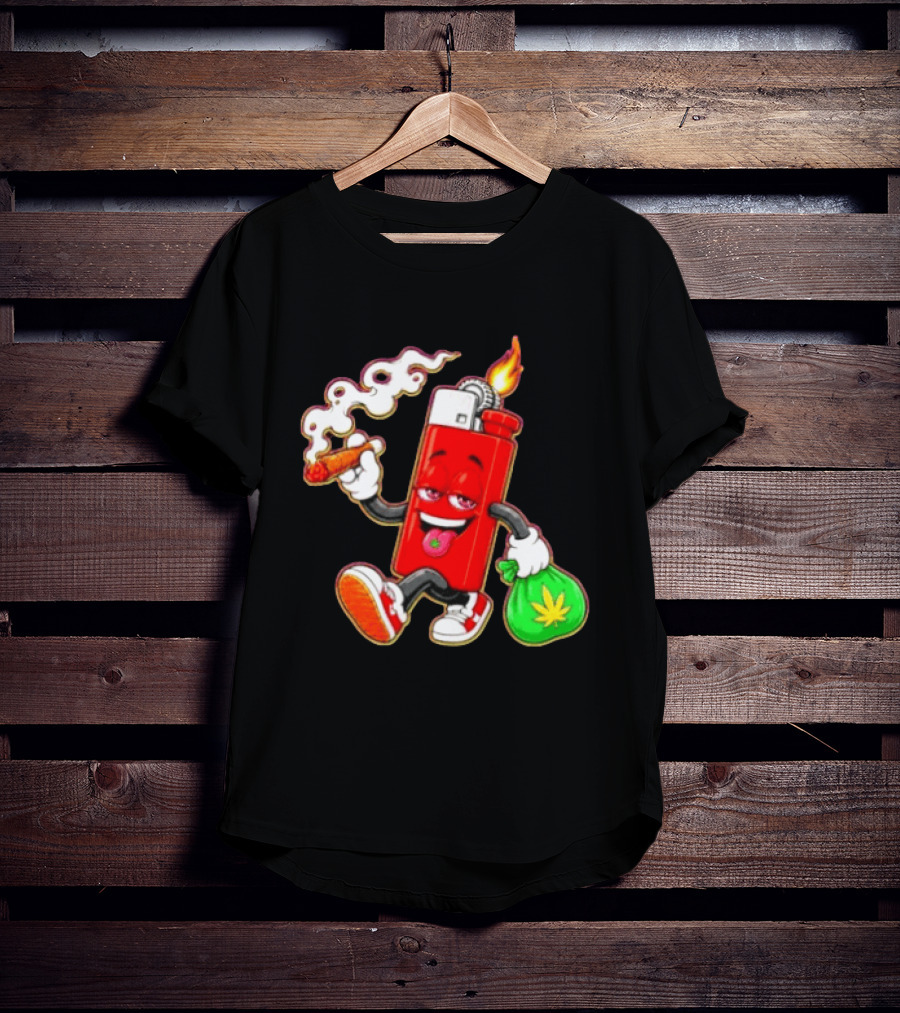Flame Lighter And Smoking Joint With Cannabis Bag Cartoon T-Shirt