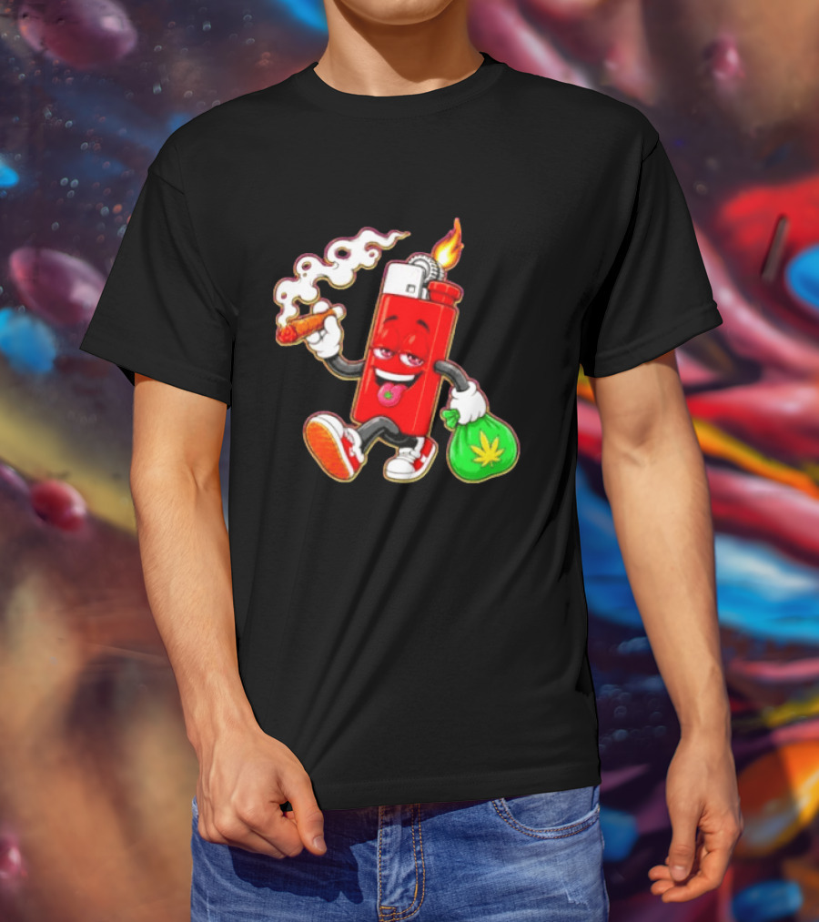 Flame Lighter And Smoking Joint With Cannabis Bag Cartoon T-Shirt