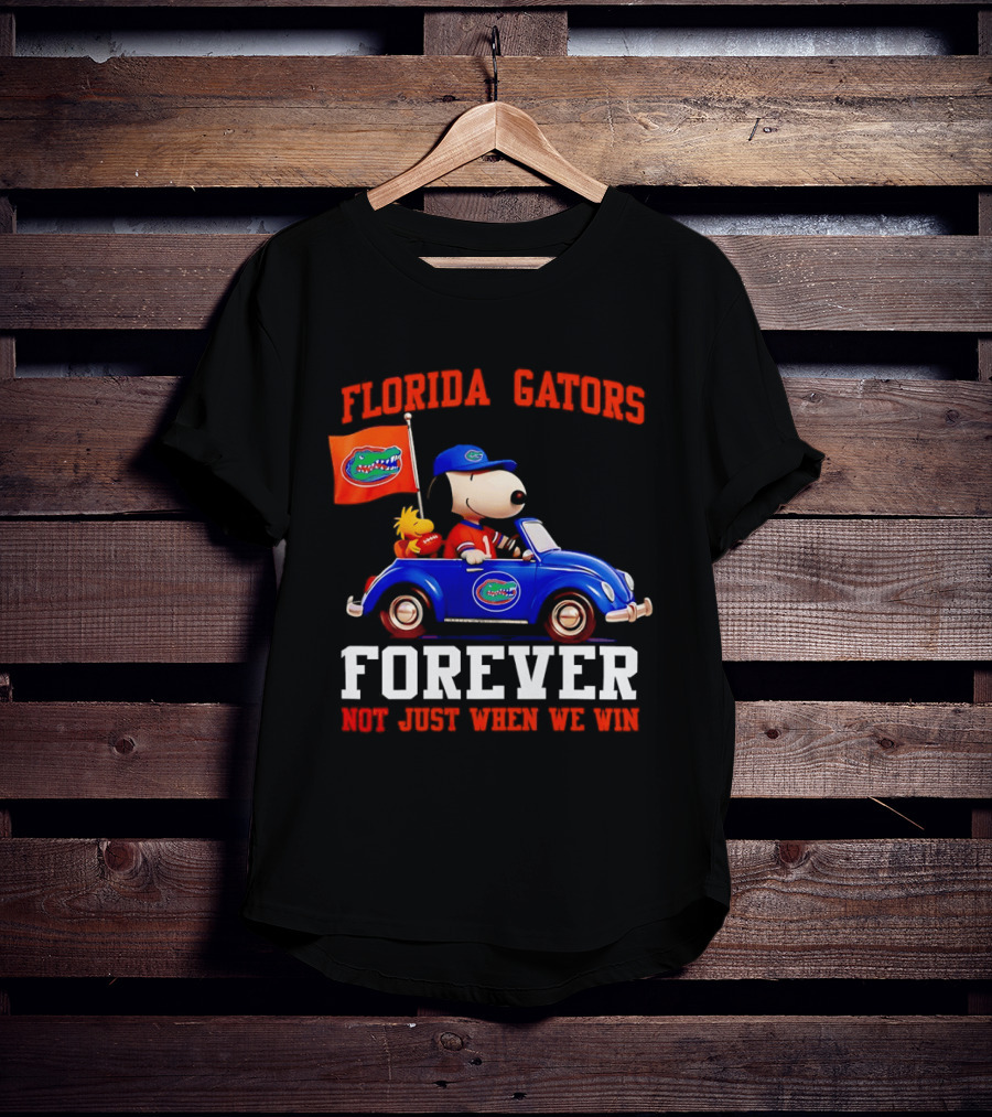 Peanuts Snoopy Woodstock In Blue Car Florida Gators Forever Not Just When We Win T-Shirt