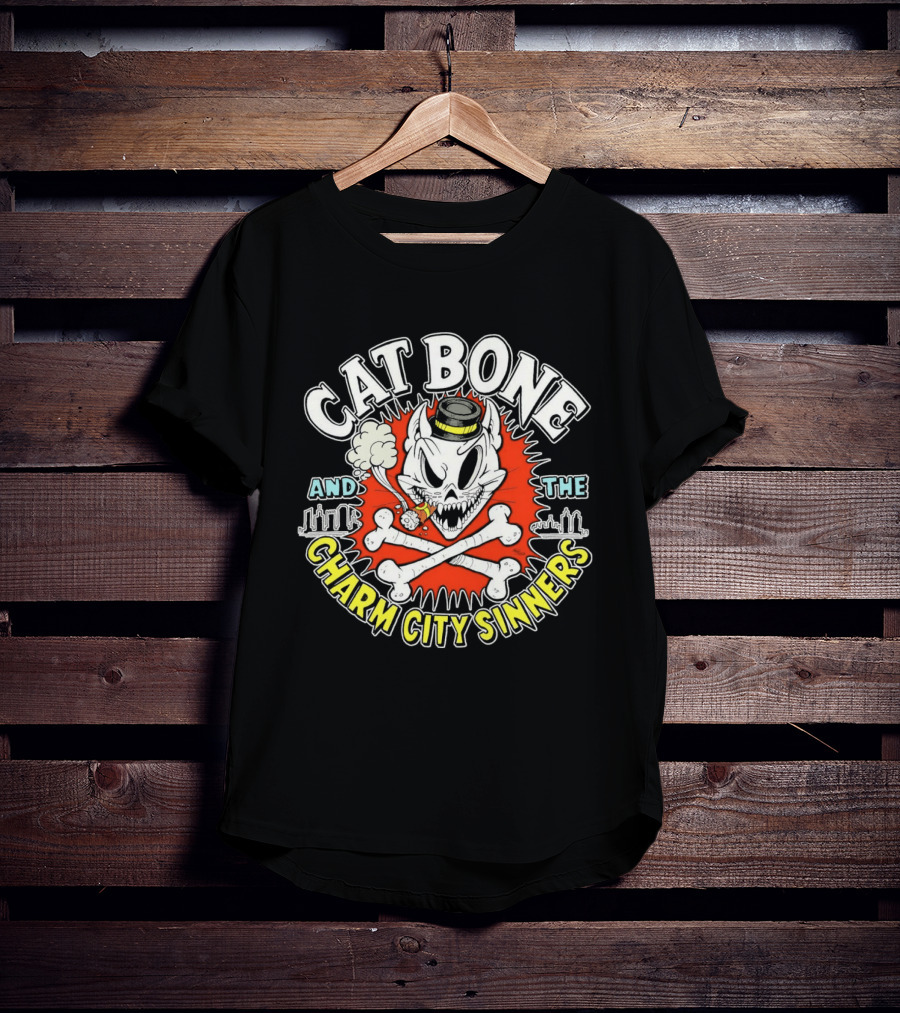 Cat Bone And The Charm City Sinners Smoking Skull And Crossbones Top Hat T-Shirt