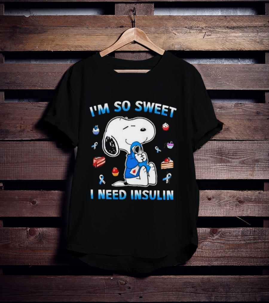 I'm So Sweet I Need Insulin Snoopy Peanuts Diabetes Awareness Blue Ribbon Cupcakes 2026 T-Shirt