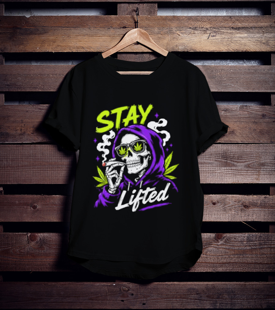 Stay Lifted Skeleton Smoking Weed Vapor Clouds Psychedelic T-Shirt