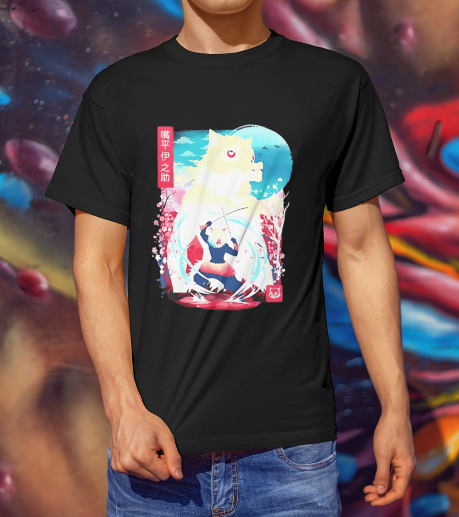 Inosuke Hashibira Boar Head Demon Slayer Anime Cherry Blossom Scene T-Shirt