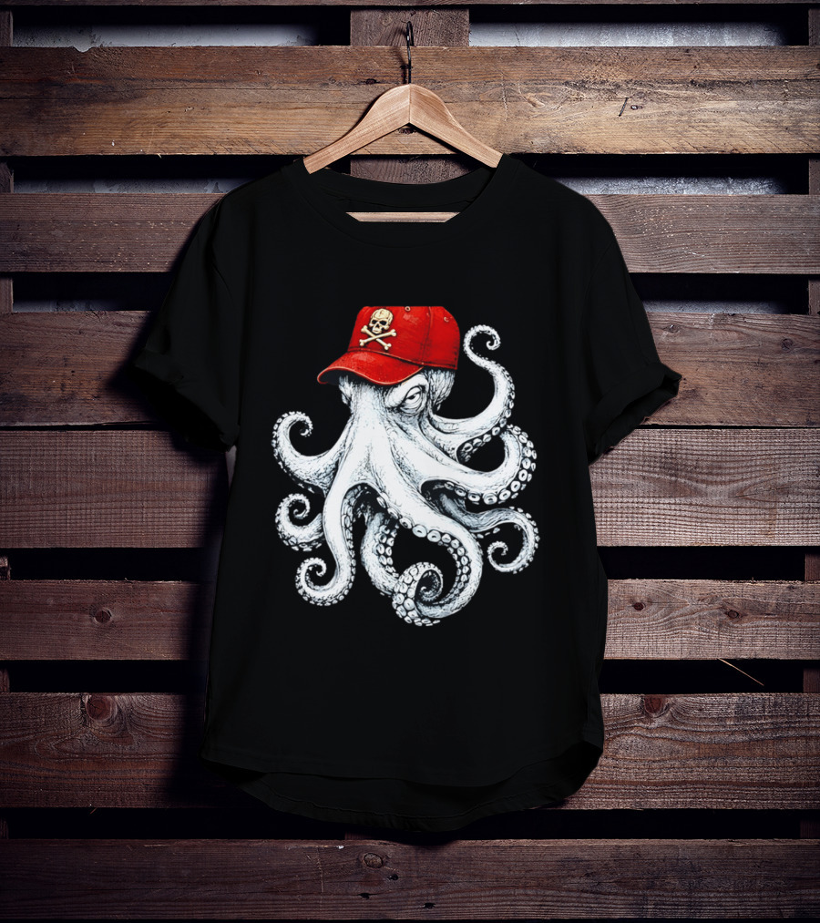 Octopus In Red Cap With Skull And Crossbones T-Shirt