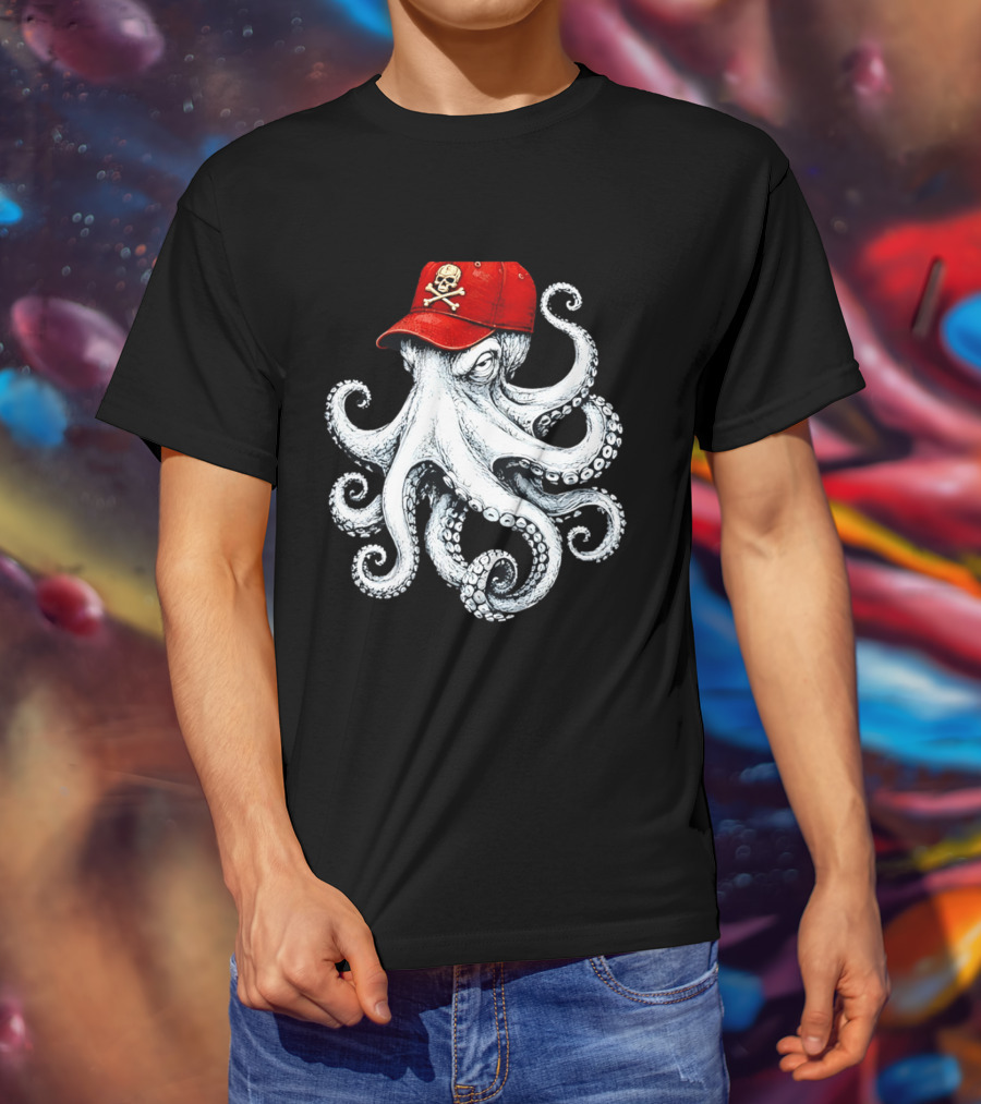 Octopus In Red Cap With Skull And Crossbones T-Shirt