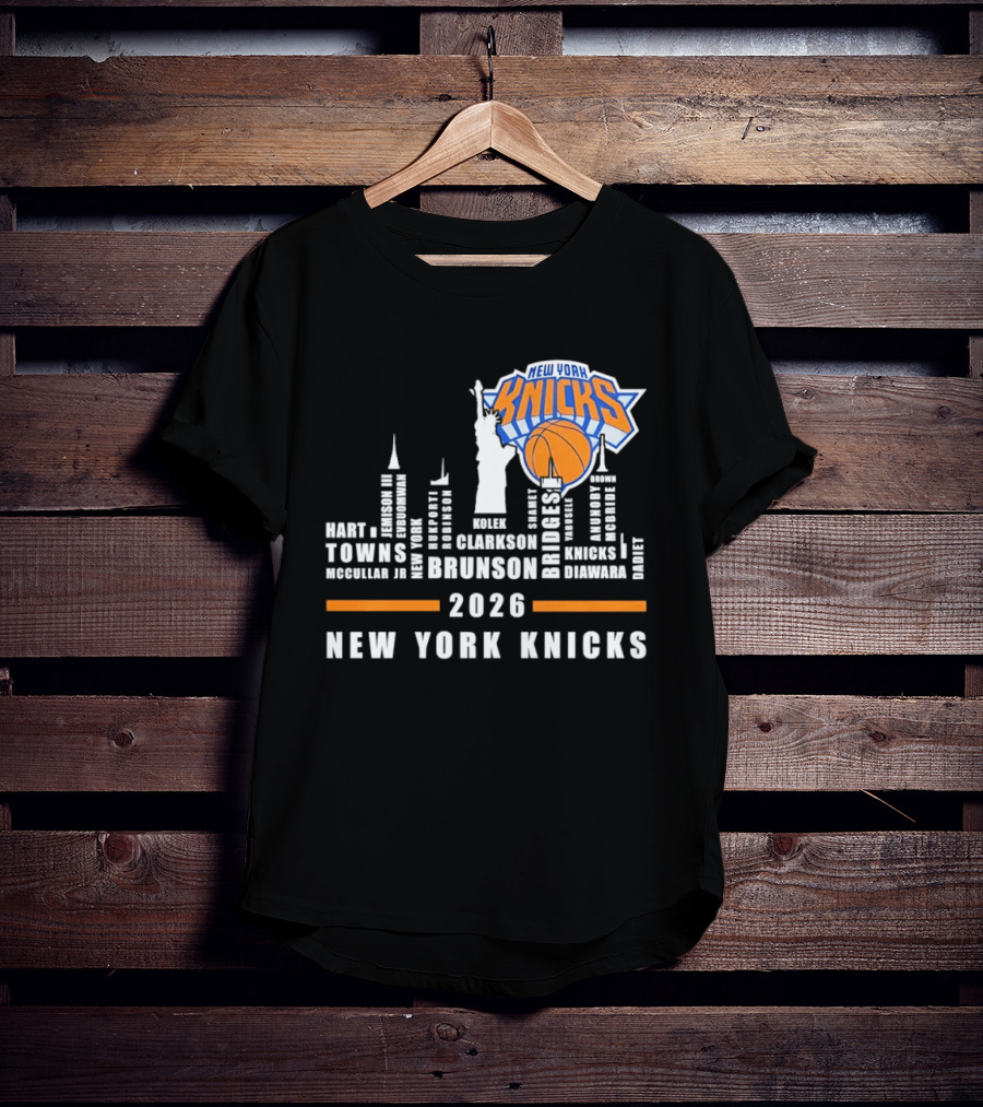 New York Knicks 2026 Jalen Brunson Mikal Bridges NBA Manhattan Skyline T-Shirt
