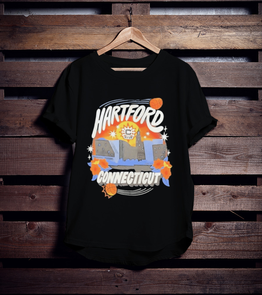 Hartford Connecticut Sun Basketball Skyline With Flowers And Basketballs T-Shirt