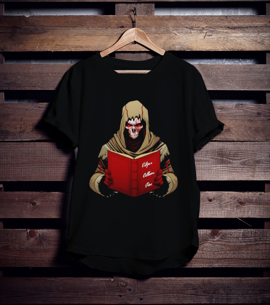 Grim Reaper Hooded Skeleton With Red Eyes Holding Edgar Allan Poe Book T-Shirt
