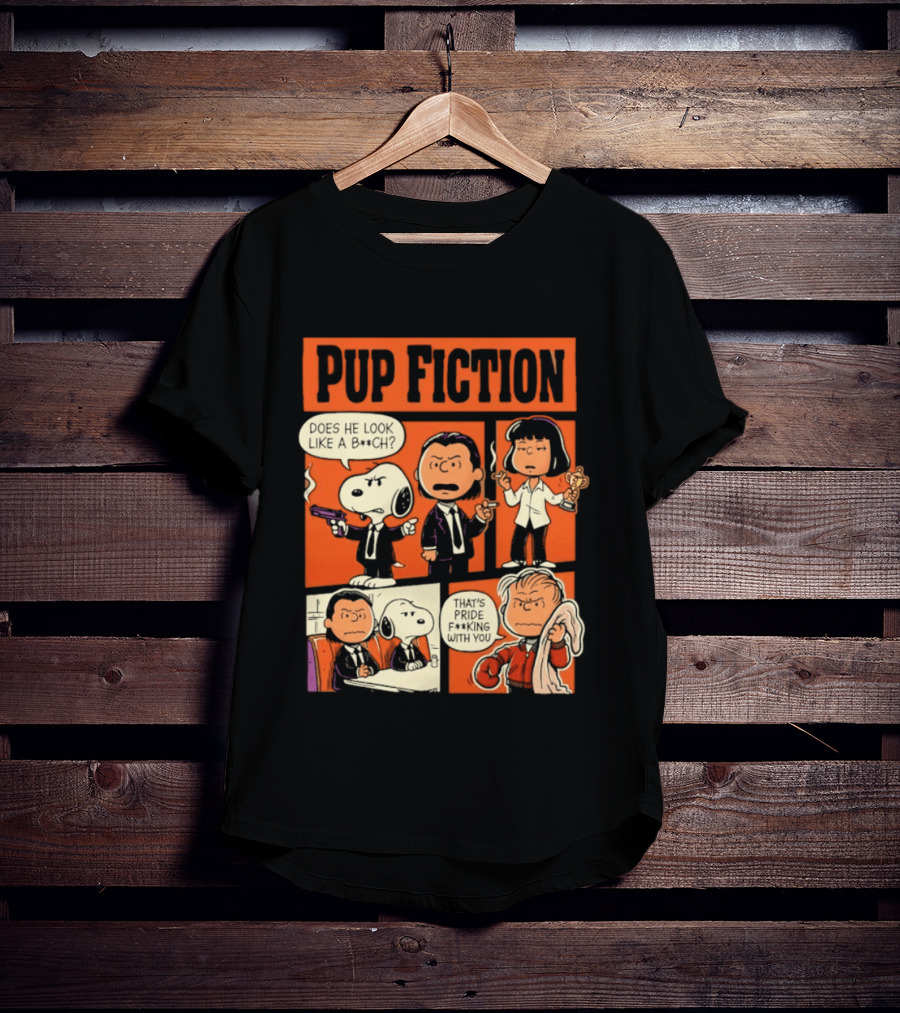 Peanuts Pup Fiction Does He Look Like A Bitch Snopy And Franklin Vincent Jules Mia T-Shirt