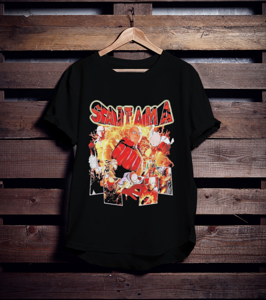 Saitama Hero Manga Character Collage With Lightning Fist T-Shirt