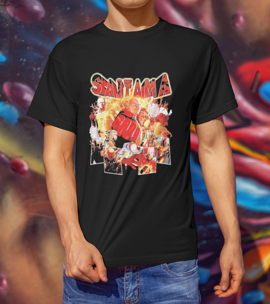 Saitama Hero Manga Character Collage With Lightning Fist T-Shirt