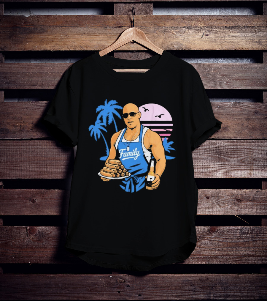 KCCO Family BBQ With Hot Dogs Palm Trees Sunset Birds T-Shirt