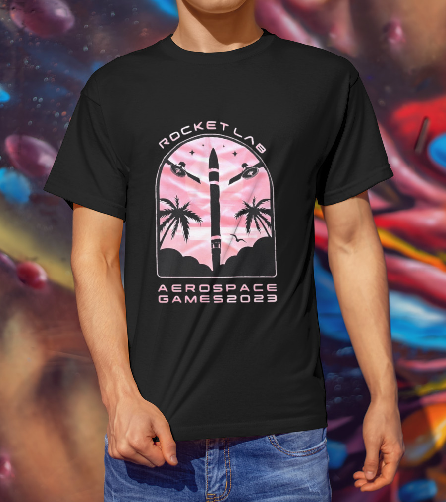 Rocket Lab Aerospace Games 2023 Rocket Space Satellite Event Palm Trees T-Shirt