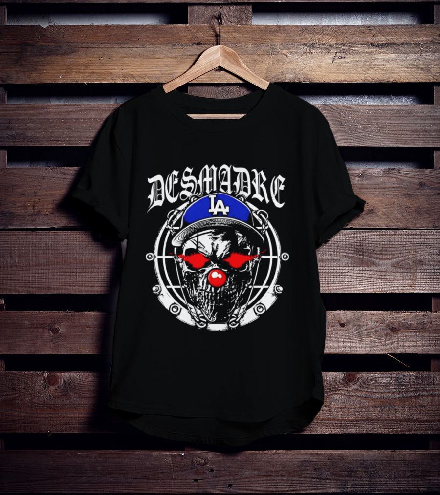 Skull In Los Angeles Dodgers Cap With Clown Makeup And DESMADRE T-Shirt