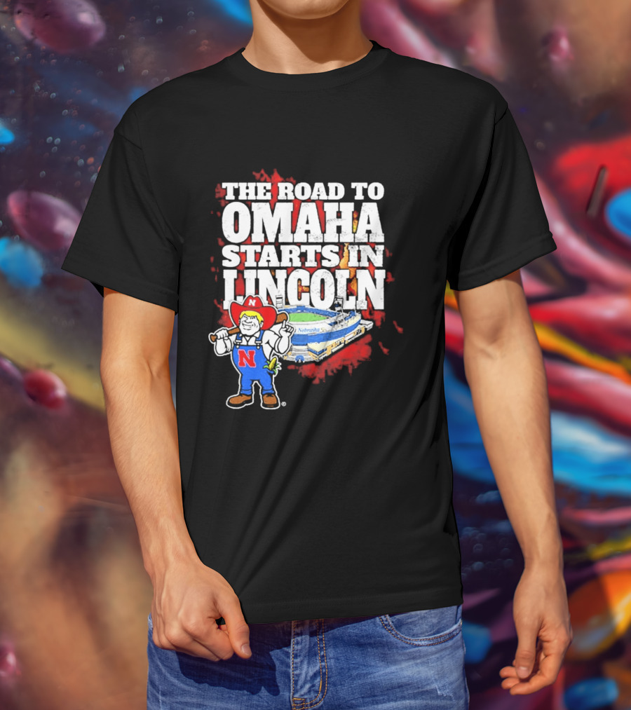The Road To Omaha Starts In Lincoln Nebraska Cornhuskers Baseball Stadium T-Shirt