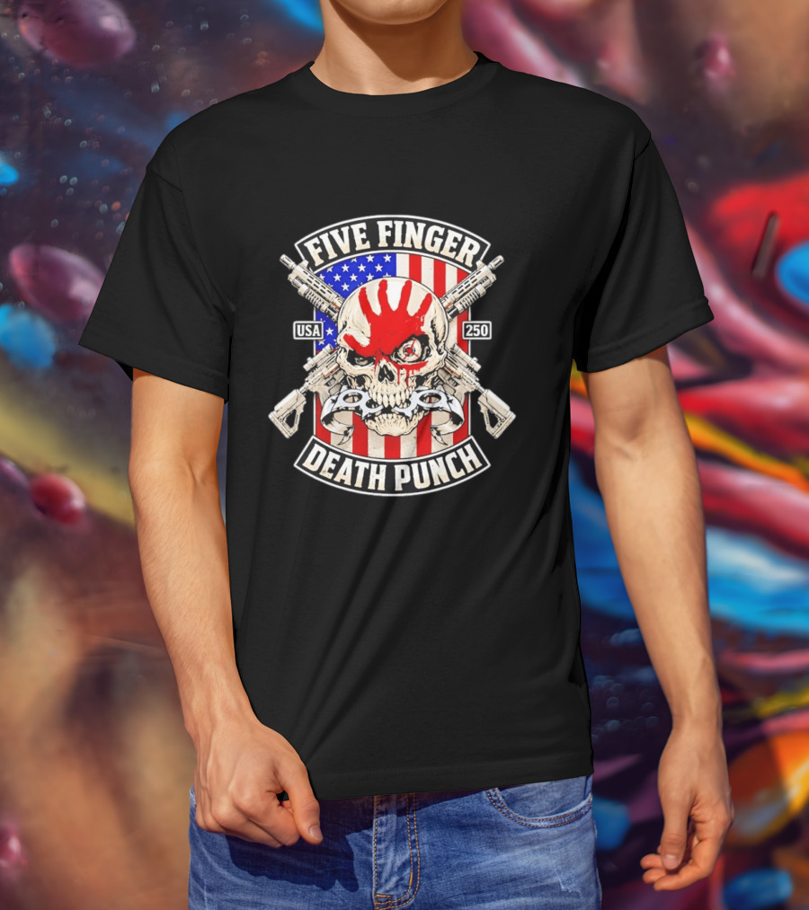 Five Finger Death Punch USA Skull With Guns And American Flag 250 July 4th T-Shirt