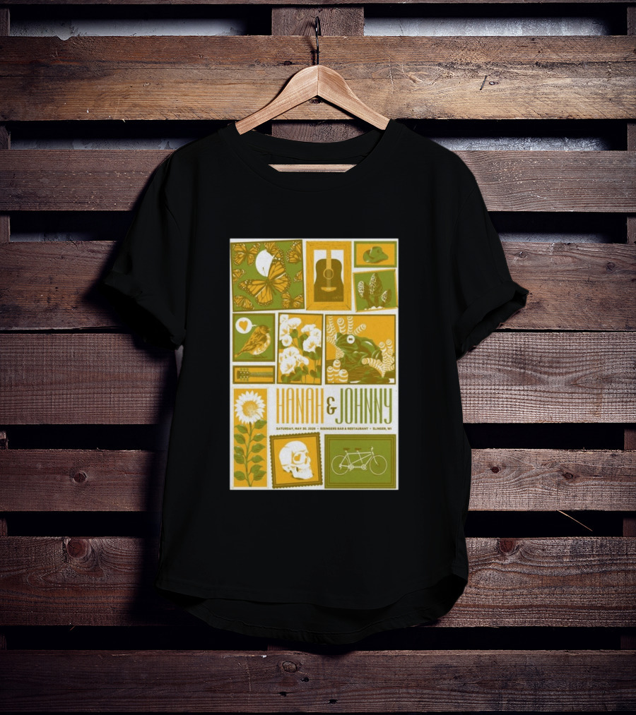 Hanah & Johnny May 30 2026 Ringer's Bar & Restaurant Slinger WI Butterfly Guitar Skull Bicycle Floral T-Shirt