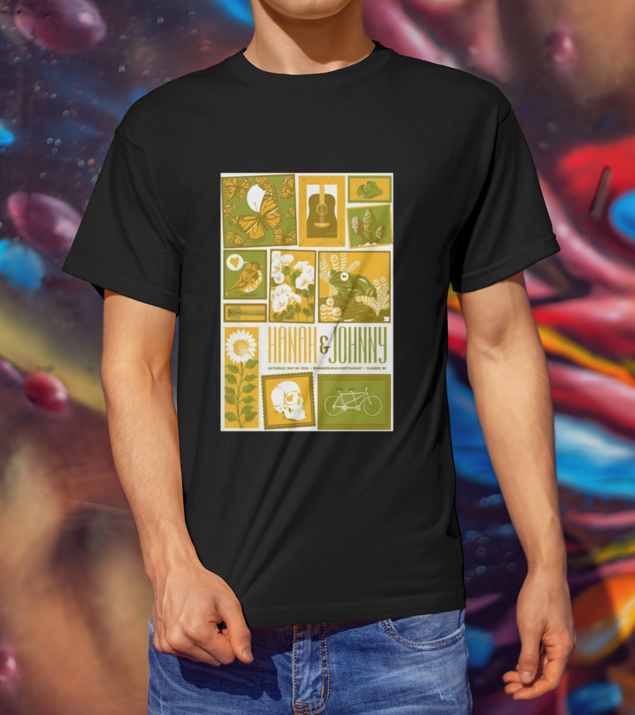 Hanah & Johnny May 30 2026 Ringer's Bar & Restaurant Slinger WI Butterfly Guitar Skull Bicycle Floral T-Shirt
