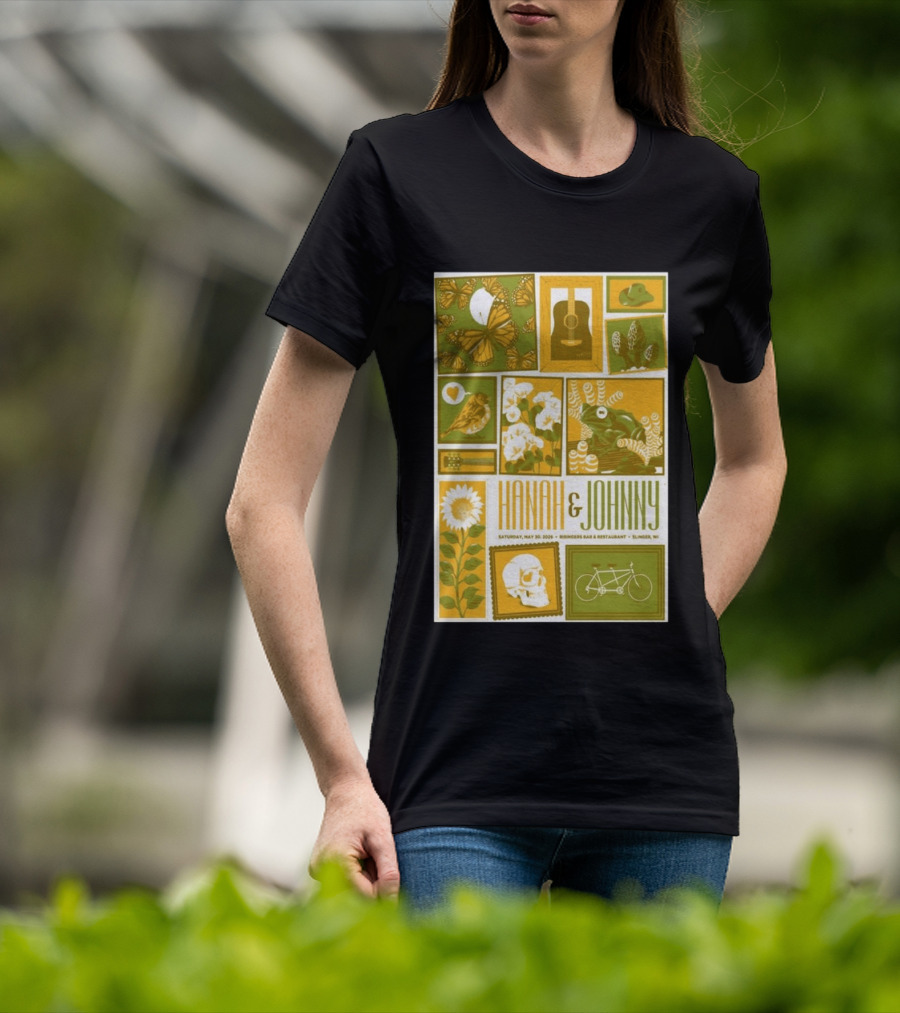 Hanah & Johnny May 30 2026 Ringer's Bar & Restaurant Slinger WI Butterfly Guitar Skull Bicycle Floral T-Shirt