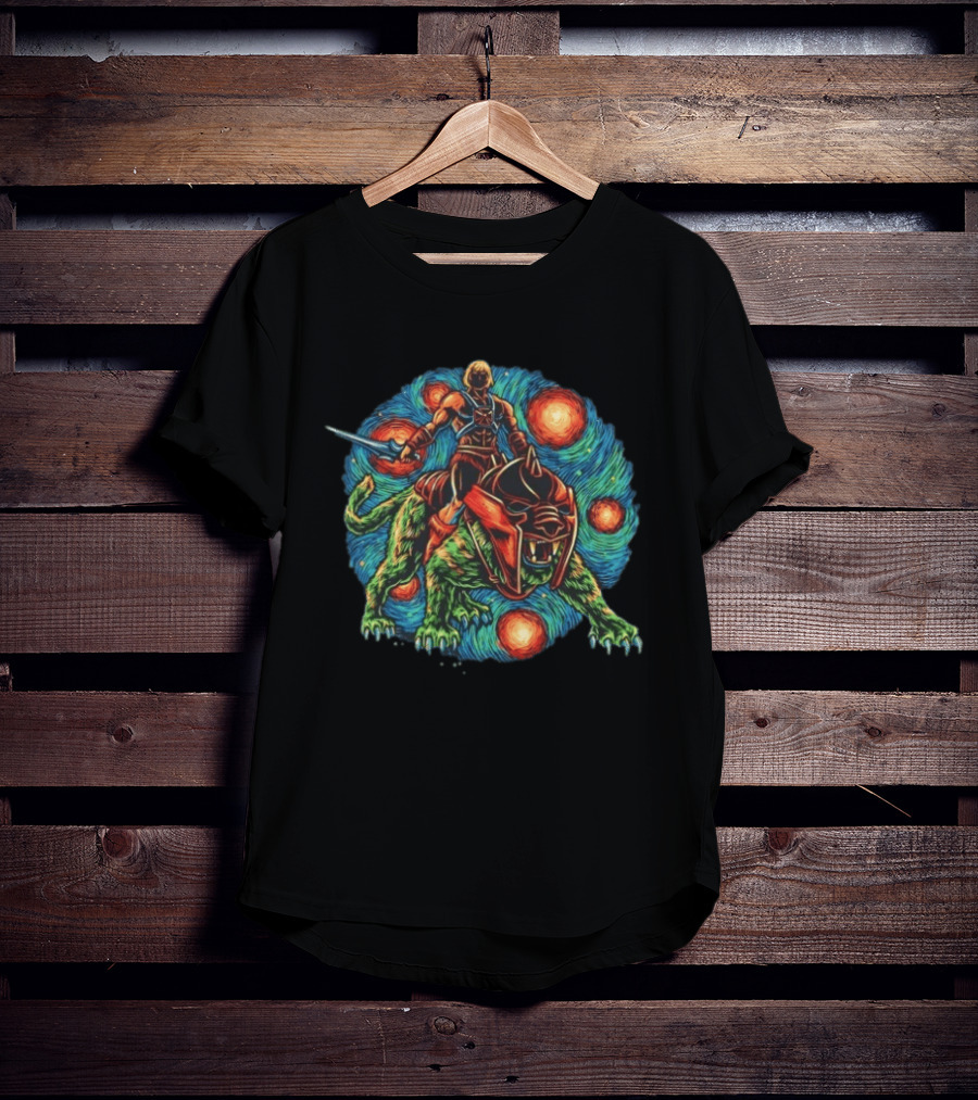 He Man And Battle Cat Starry Night Strength Courage Van Gogh Fusion T-Shirt