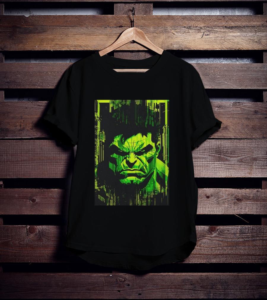Hulk Glitch Digital Green Abstract Face T-Shirt