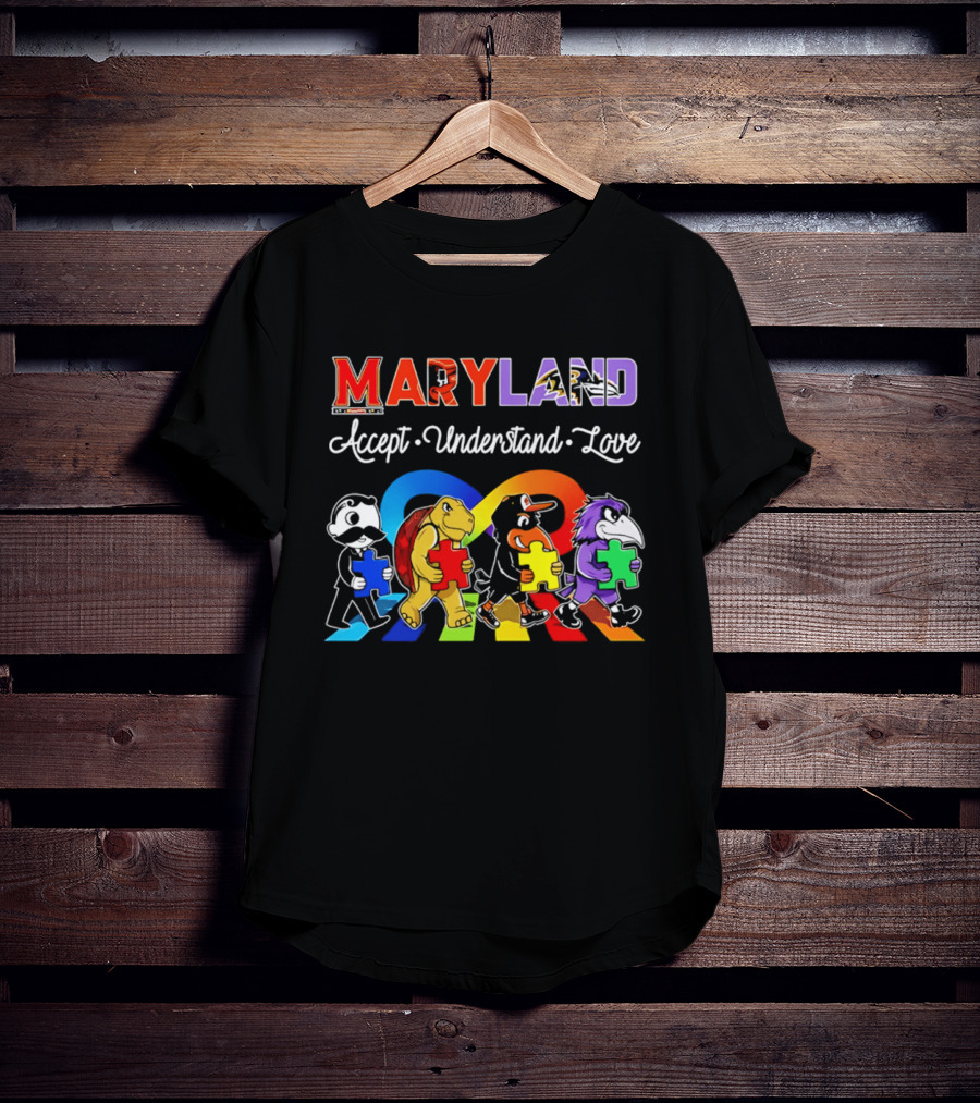 Maryland Pride Accept Understand Love With Sports Mascots And Puzzle Pieces T-Shirt