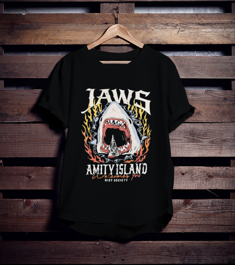 Jaws Amity Island Welcomes You Shark Eating Riot Society T-Shirt
