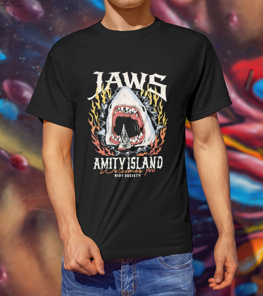 Jaws Amity Island Welcomes You Shark Eating Riot Society T-Shirt