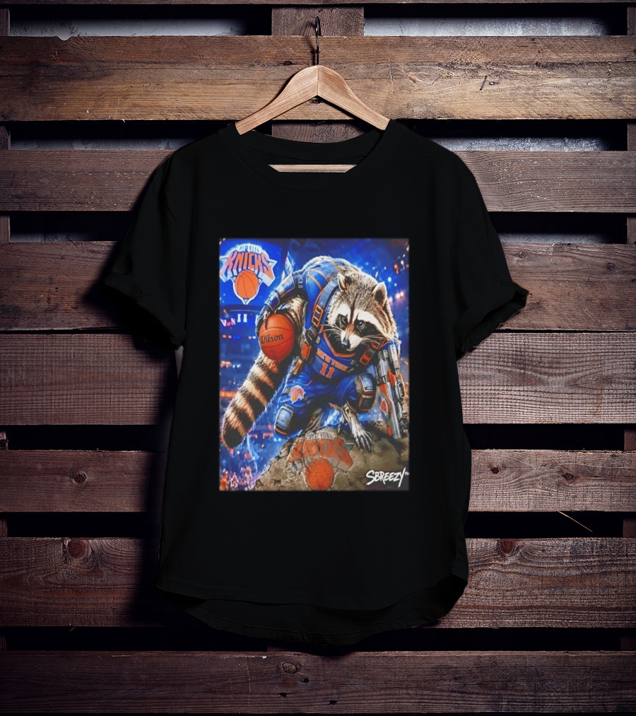 Rocket Raccoon New York Knicks Marvel Guardians NBA Crossover Wilson Ball T-Shirt