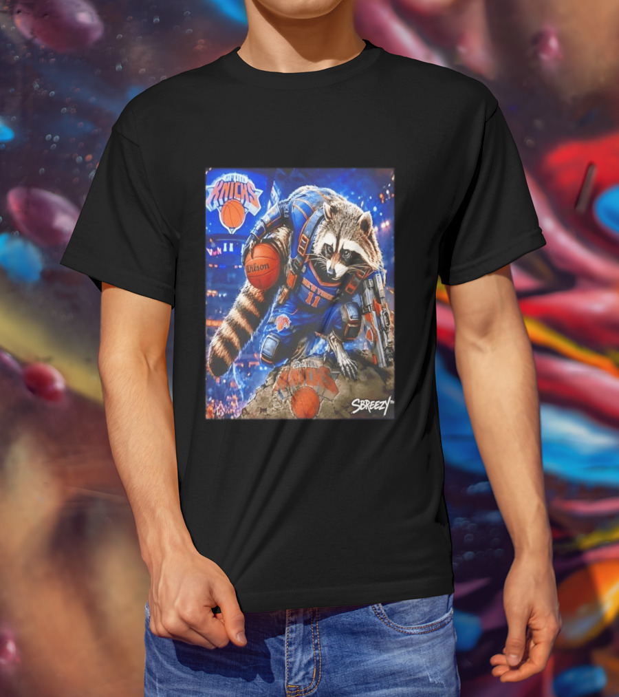 Rocket Raccoon New York Knicks Marvel Guardians NBA Crossover Wilson Ball T-Shirt