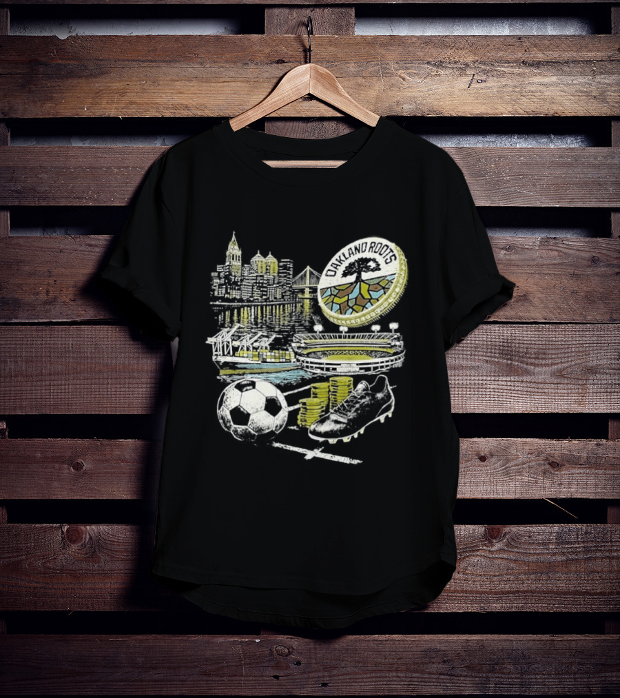 Oakland Roots Skyline Soccer Ball Stadium Ship And Coins T-Shirt