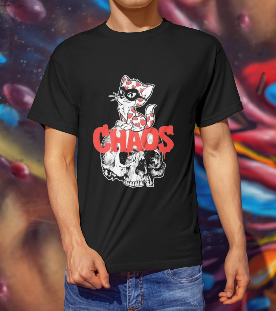 Chaos Cat Heart Pattern Masked Skull T-Shirt