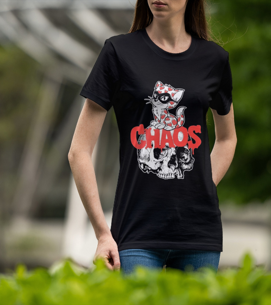 Chaos Cat Heart Pattern Masked Skull T-Shirt
