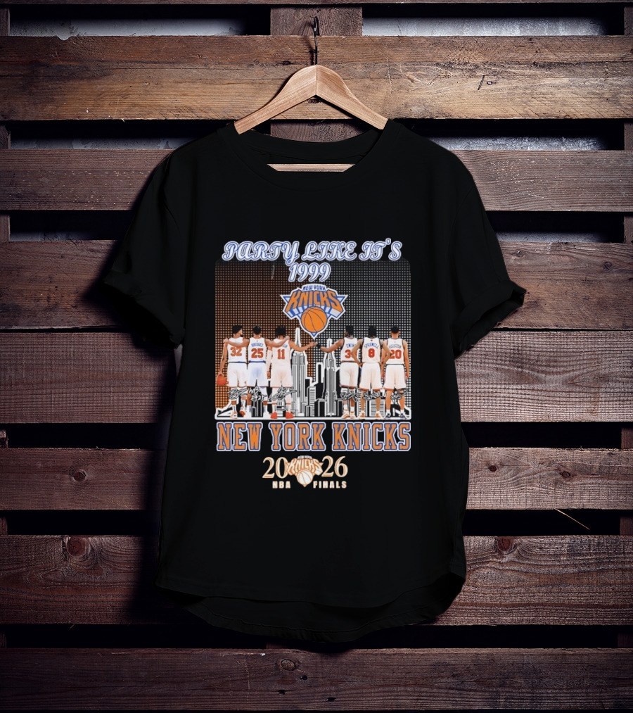 New York Knicks Party Like It's 1999 NBA Finals 2026 Karl Anthony Towns Mikal Bridges Jalen Brunson Patrick Ewing Latrell Sprewell T-Shirt